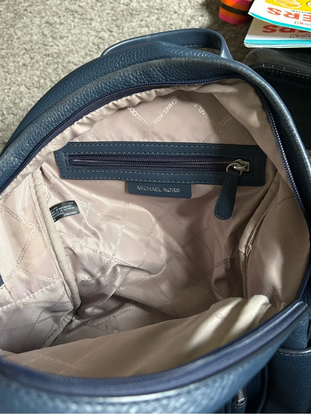 Michael Kors Navy Pebbled Leather Backpack with Front Zip Pocket
